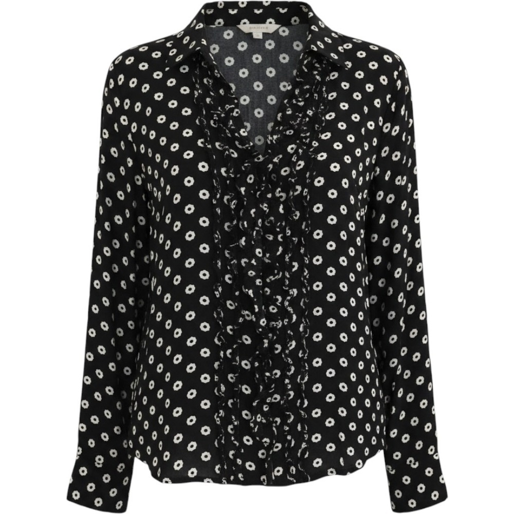 Maeve Anthropologie Black White Floral Ruffle Button Down Blouse Top Size 12 - Picture 1 of 8